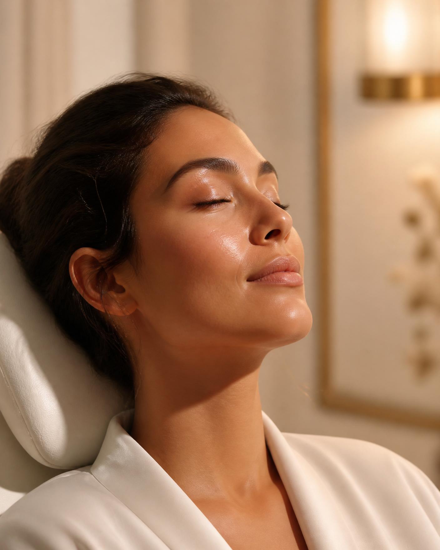 A woman with calm, radiant skin resting in a warmly lit skin clinic treatment room